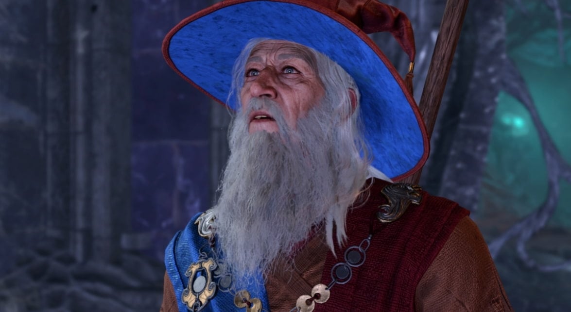 An elderly wizard with a long gray beard in BG3