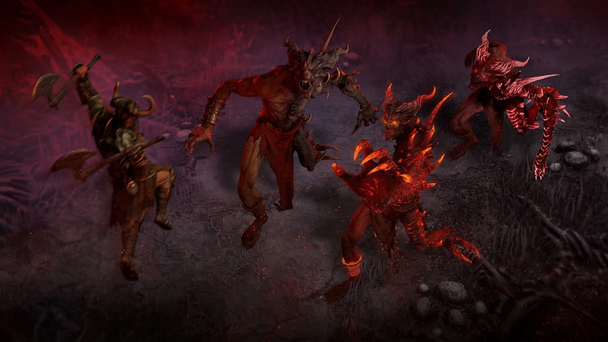 A character wielding two axes jumping into combat with four red demons.