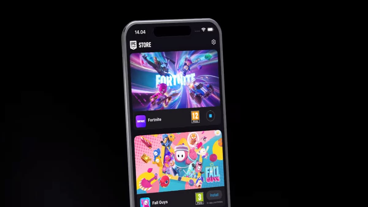 A phone with the Fortnite and Fall Guys banner on the screen.