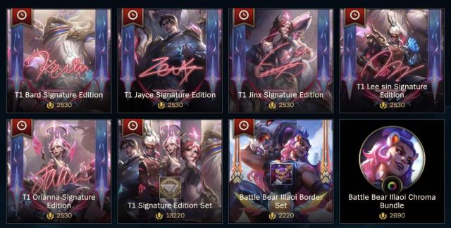 The 2023 T1 Worlds Signature Edition bundles for each champion.