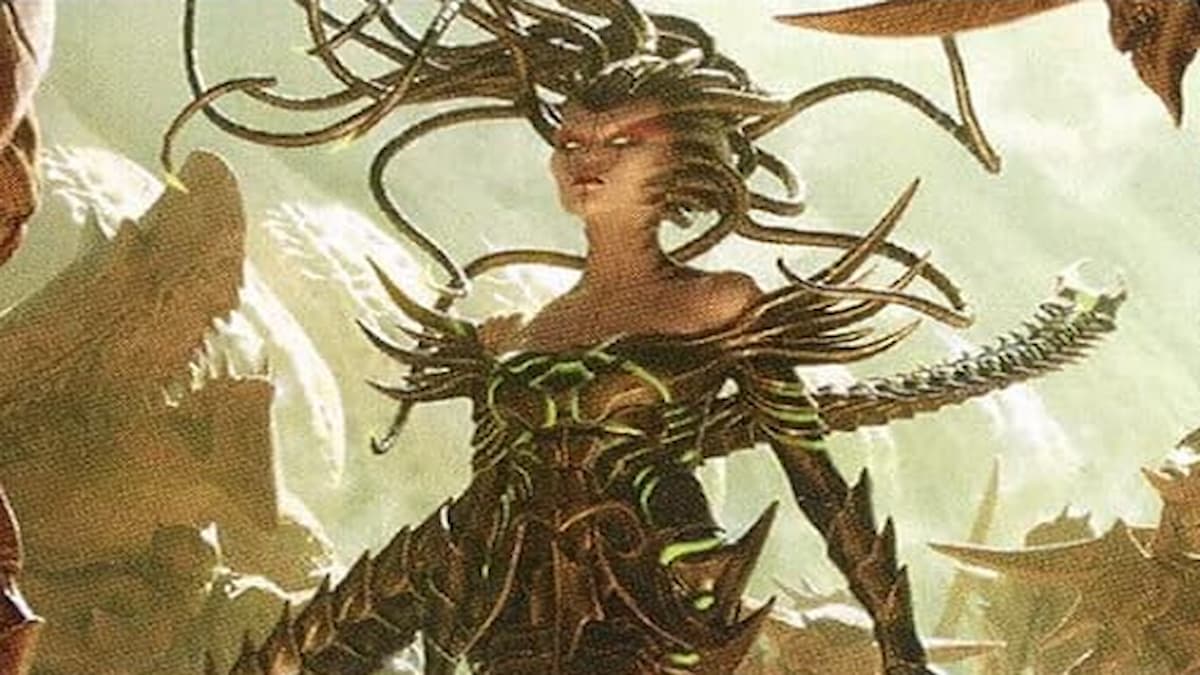 Vraska as a Phyrexian with tentacle hair and Phyrexian armor in MTG card