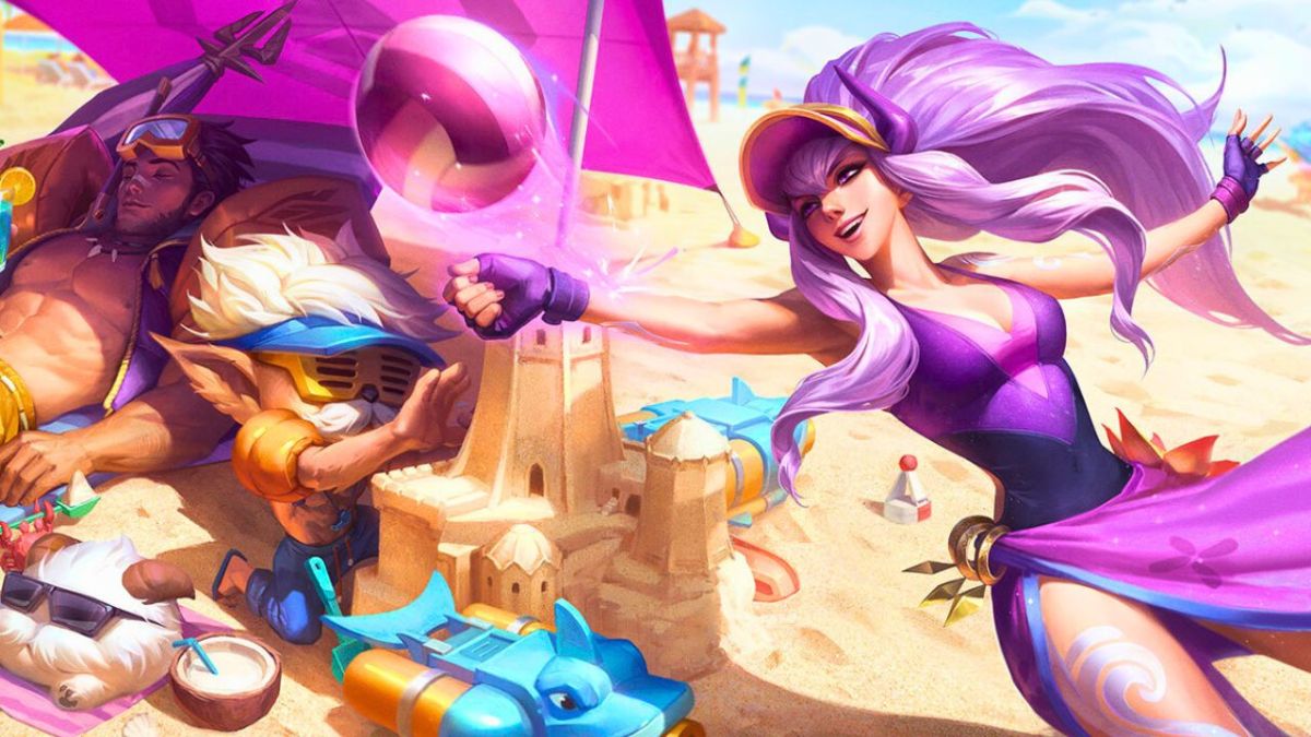 Heimerdinger and Syndra wearing swimsuits at a beach for the Pool Party skins in League of Legends.