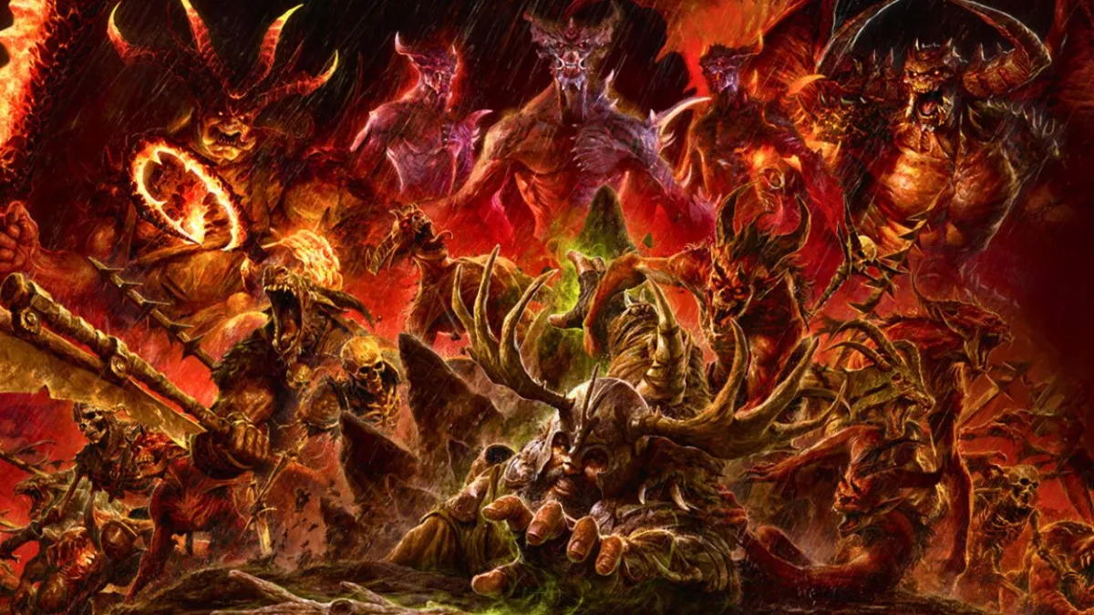 a helmet-wearing character crawling away from a horde of demons in Diablo 4 Season Five.