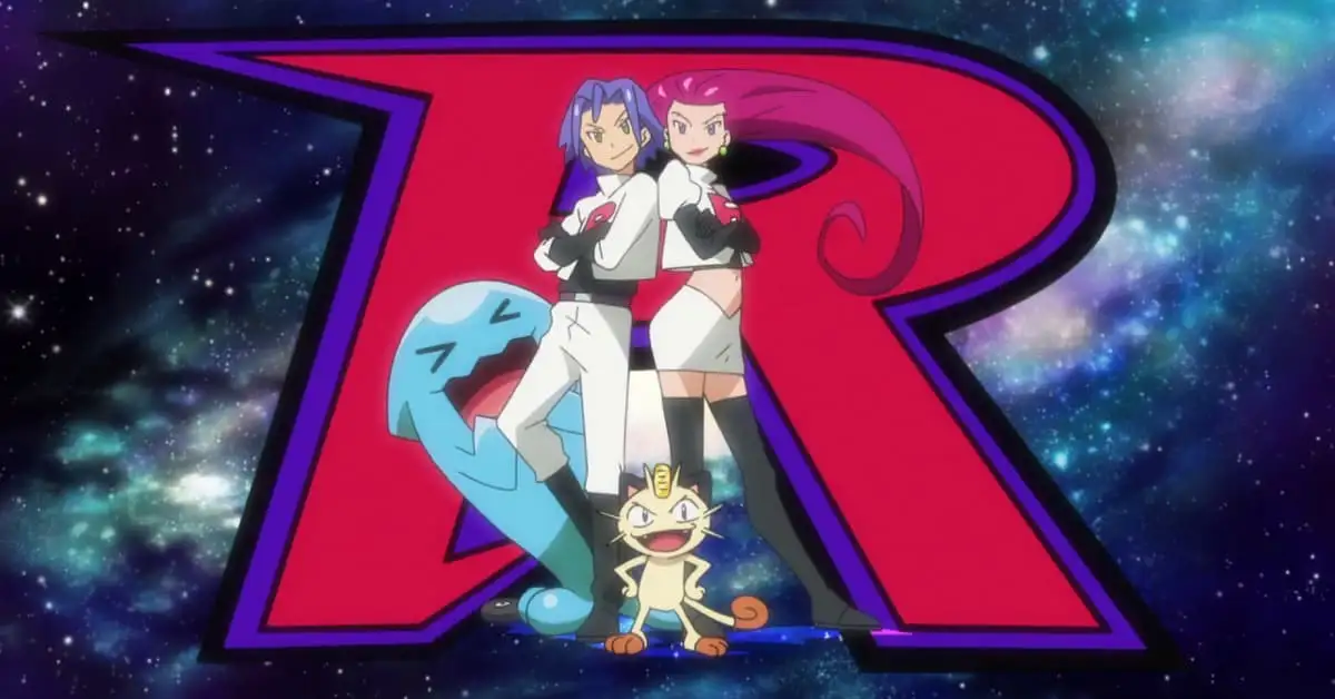 Jessie, James, and Meowth all pose with Wobbuffet in the background, and a giant R behind them.